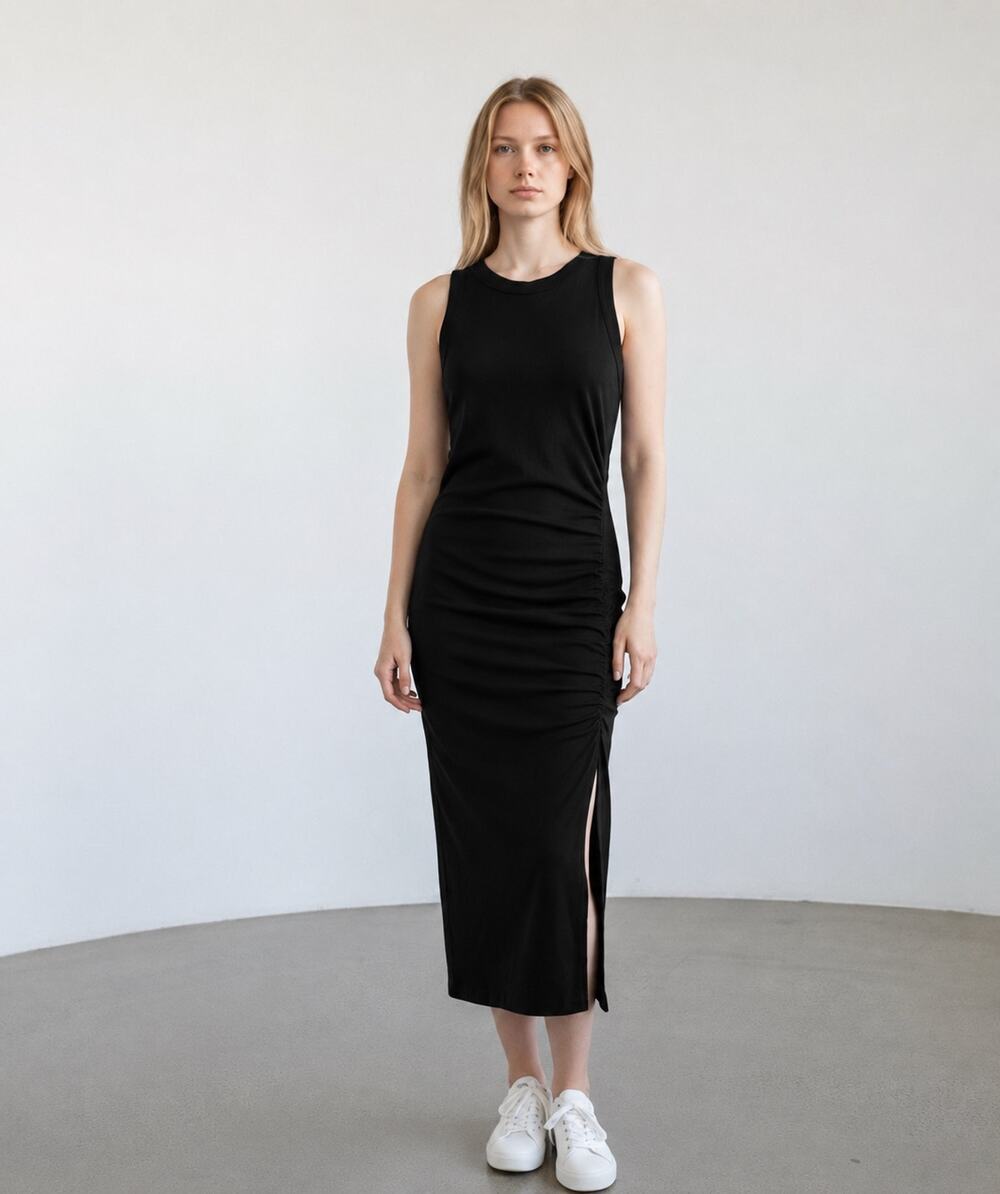 Michael Stars Taja Sleeveless Shirred Seam Midi Dress Black NWT Size Medium